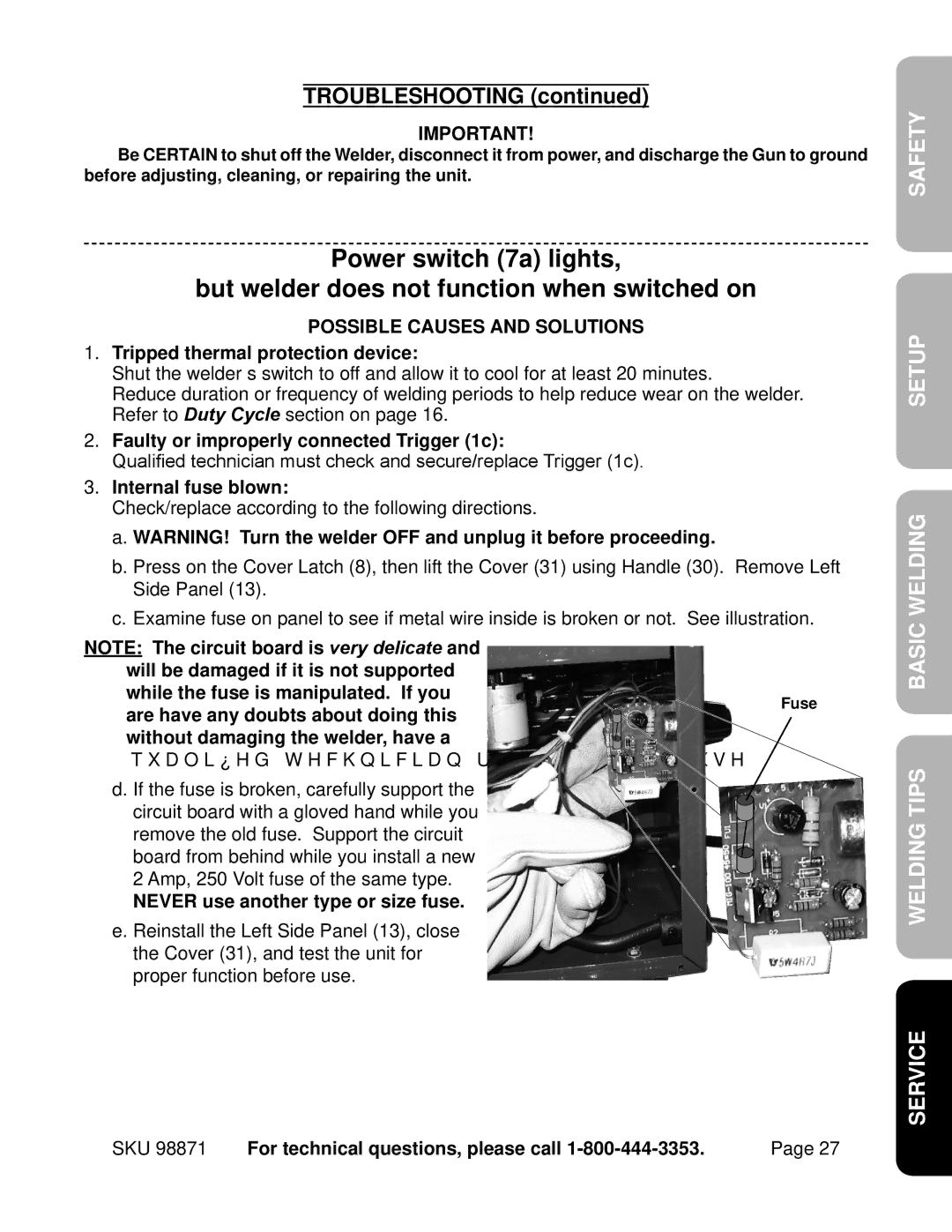 Harbor Freight Tools 98871 Troubleshooting, Faulty or improperly connected Trigger 1c, Internal fuse blown 