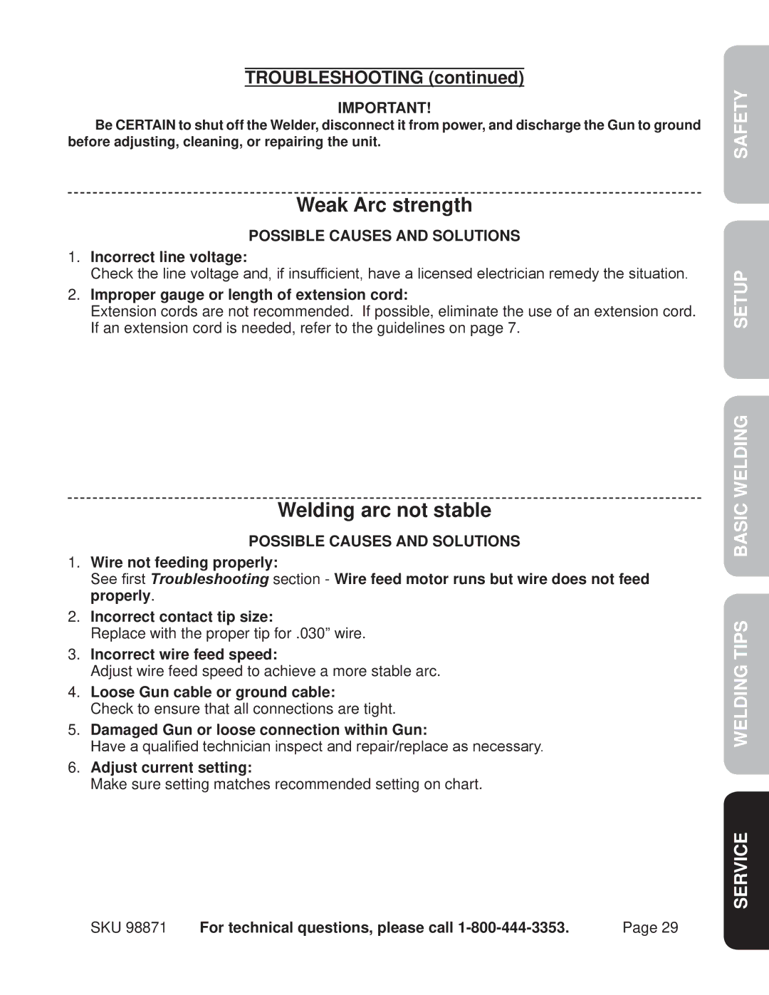 Harbor Freight Tools 98871 operating instructions Weak Arc strength, Welding arc not stable 