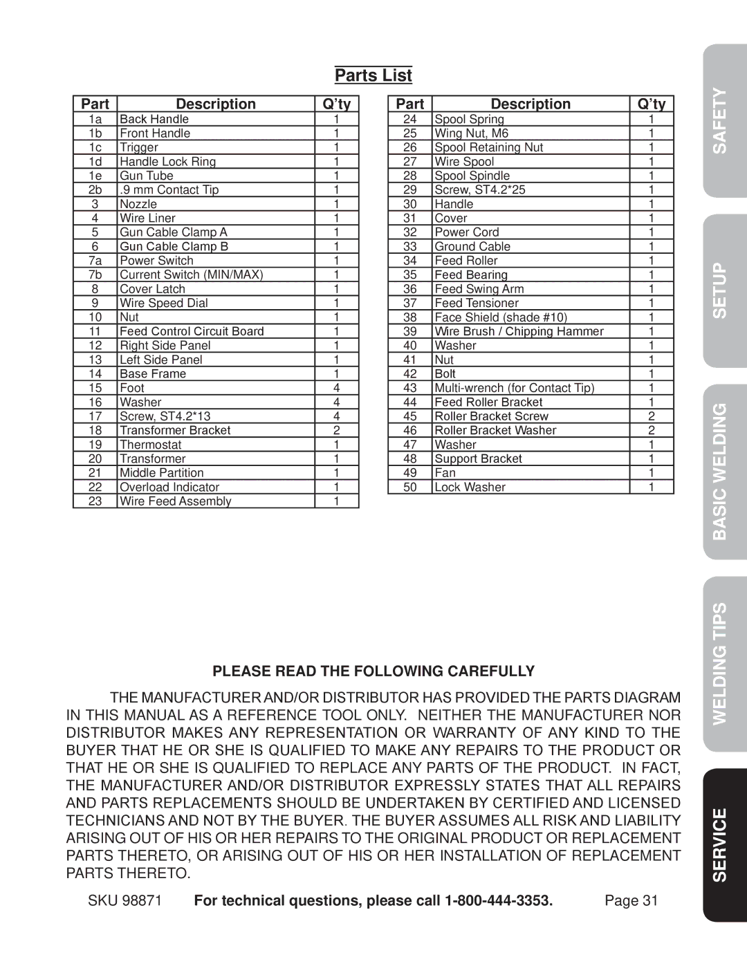 Harbor Freight Tools 98871 operating instructions Parts List, Part Description ’ty 