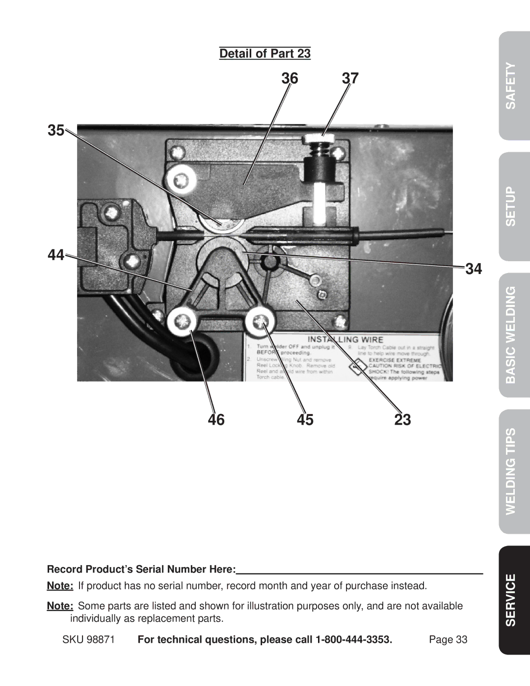 Harbor Freight Tools 98871 operating instructions Detail of Part, Record Product’s Serial Number Here 