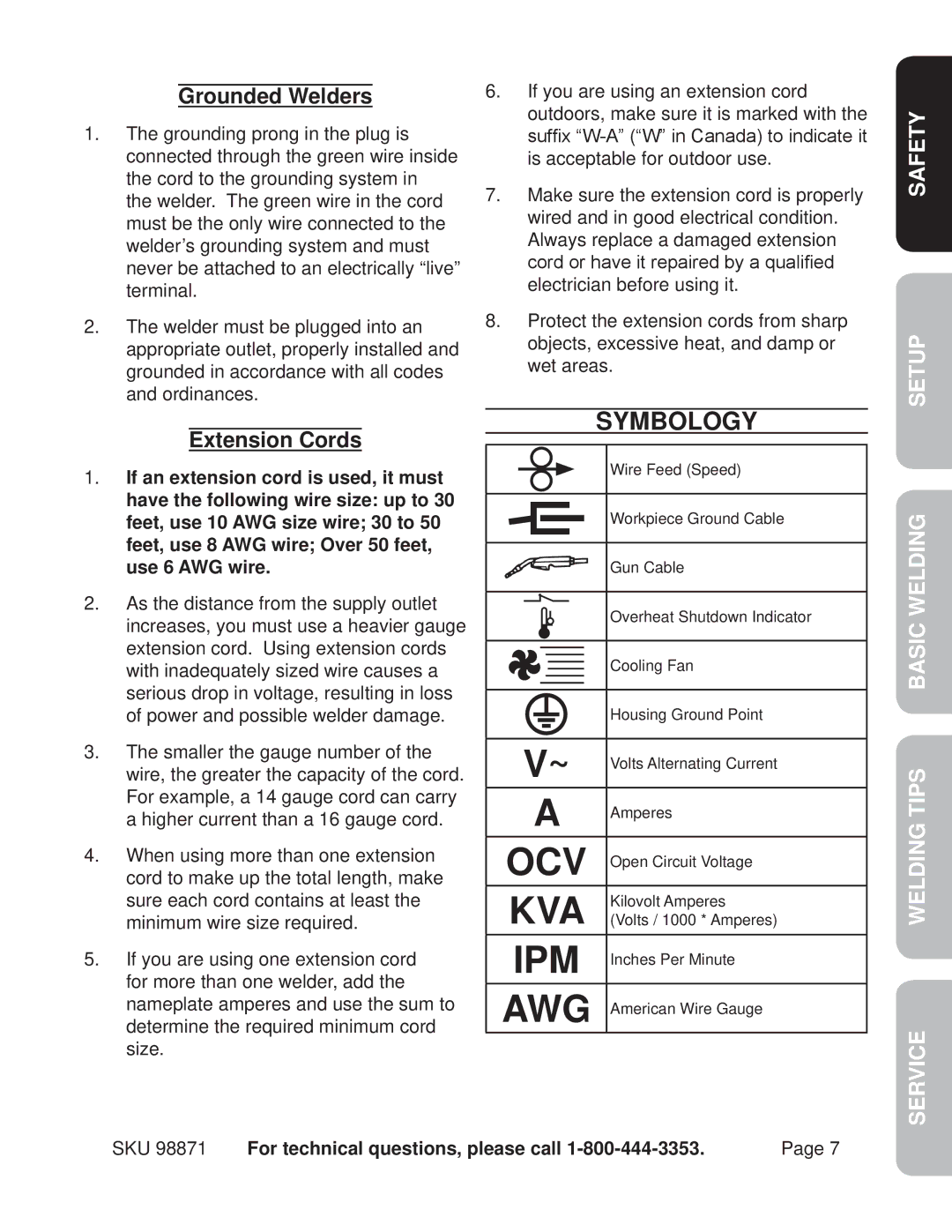 Harbor Freight Tools 98871 operating instructions Symbology, Grounded Welders, Extension Cords 