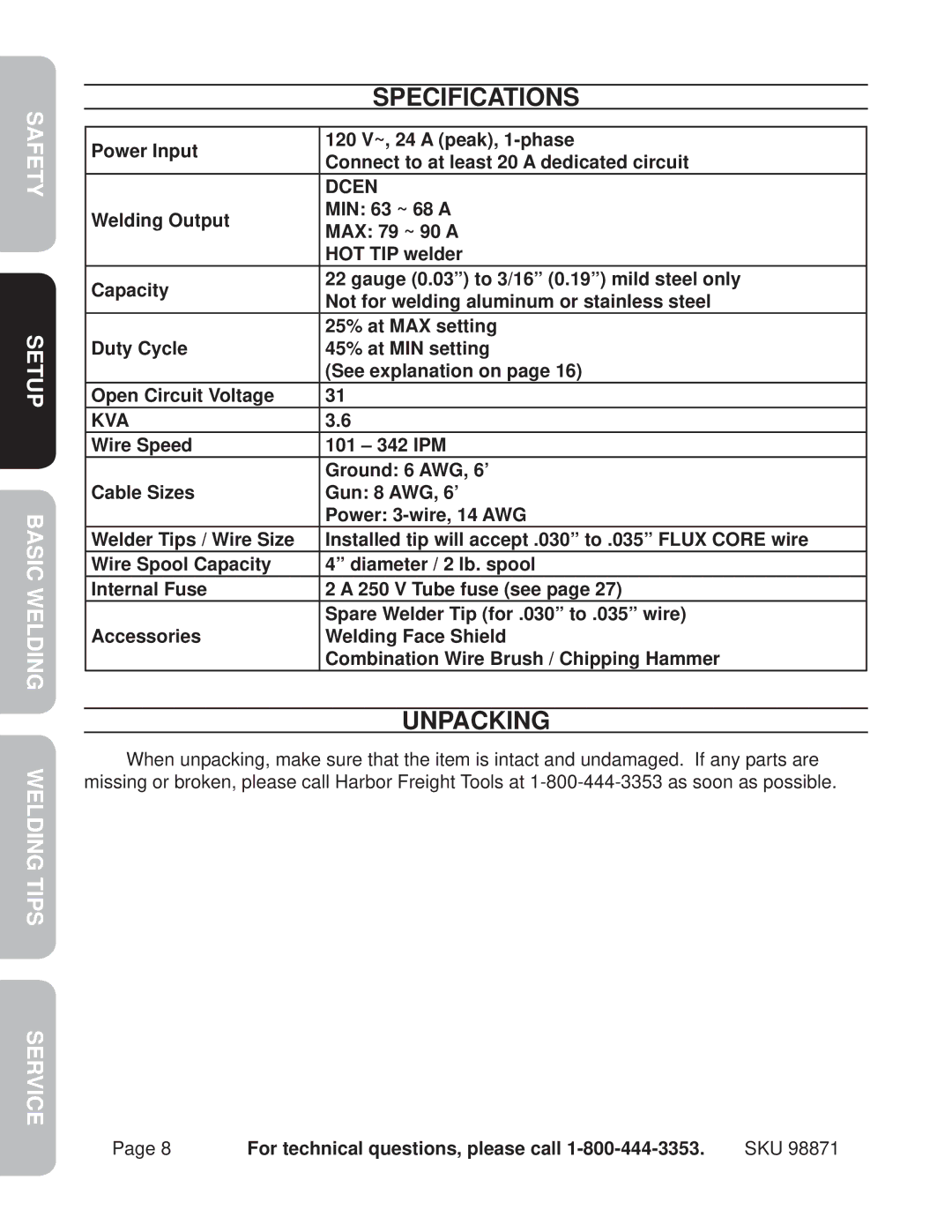 Harbor Freight Tools 98871 operating instructions Specifications, Unpacking 