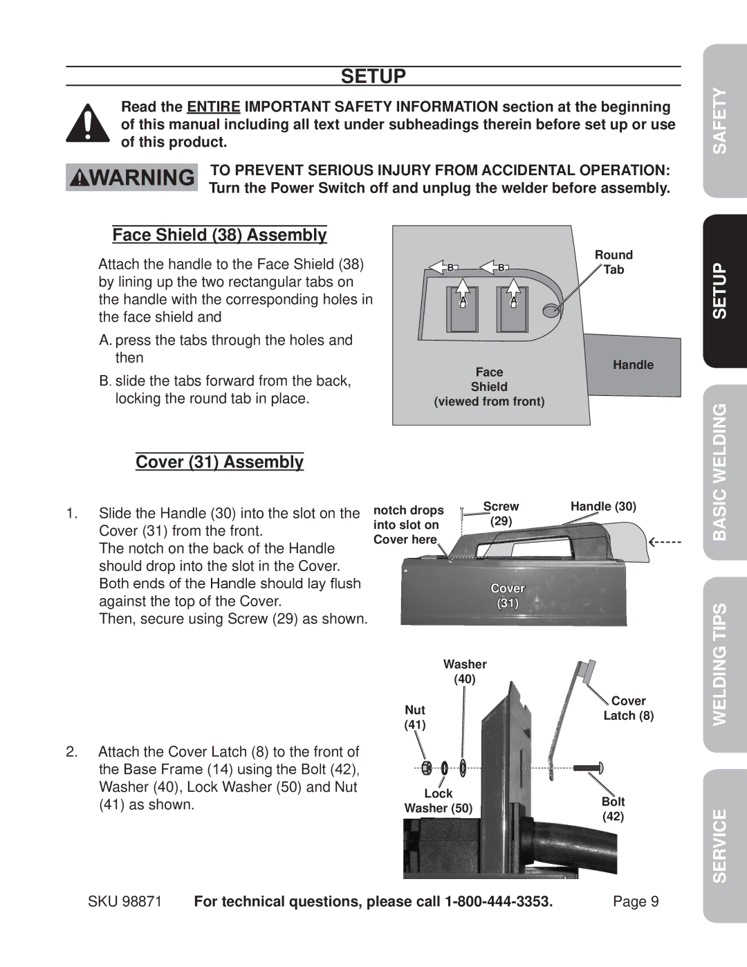 Harbor Freight Tools 98871 operating instructions Safety, Setup Welding, Basic Tips, Welding Service 