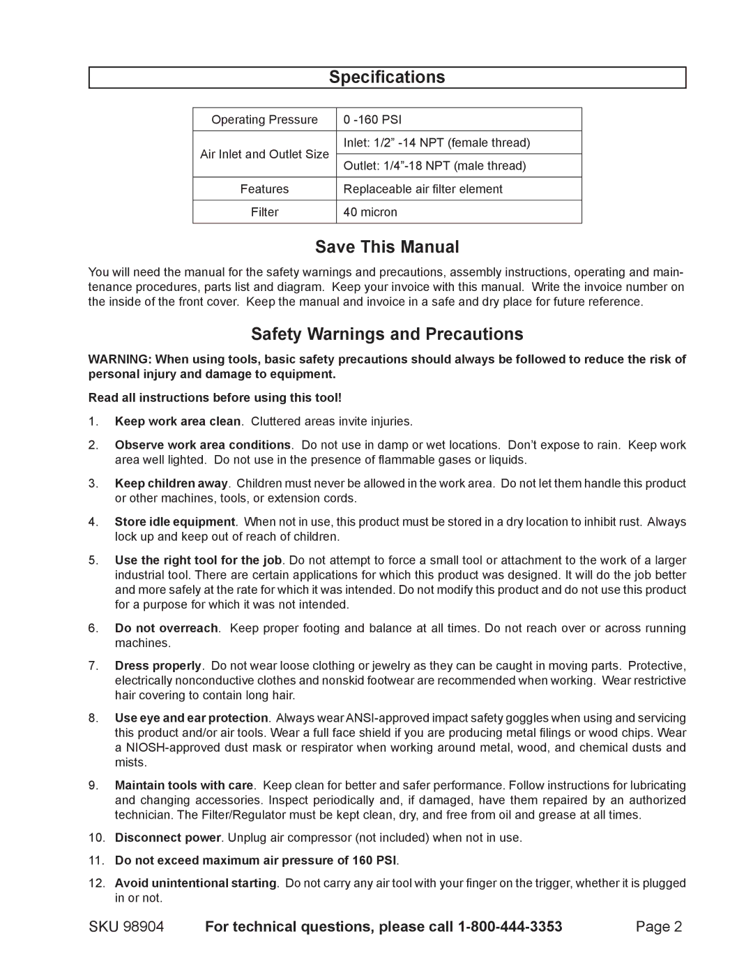 Harbor Freight Tools 98904 operating instructions Specifications, Save This Manual, Safety Warnings and Precautions 