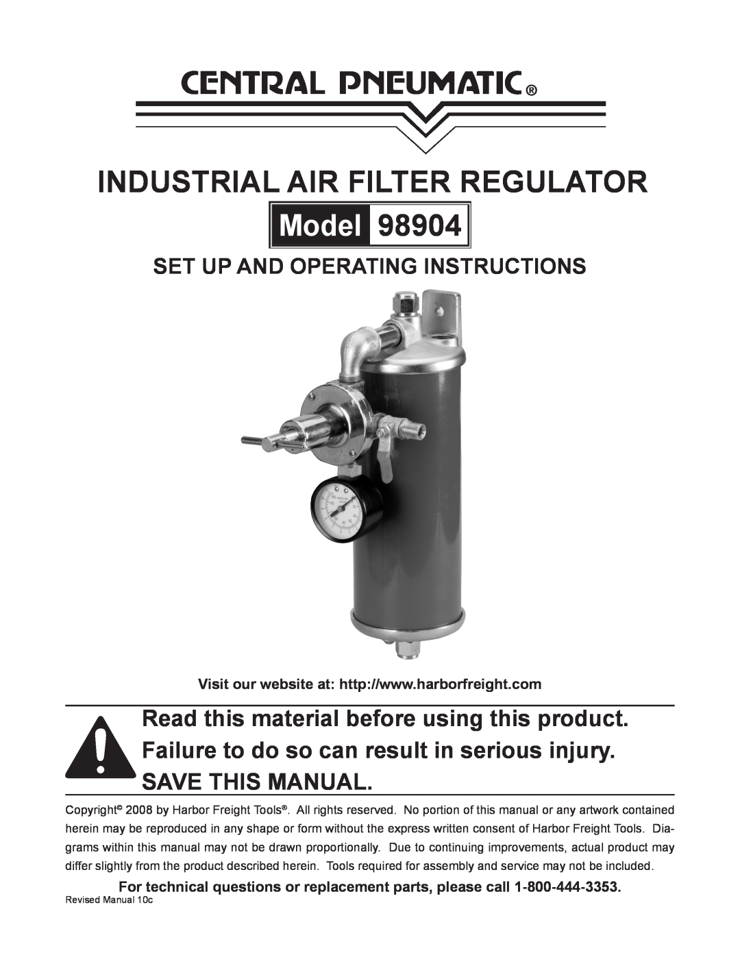 Harbor Freight Tools 98904 operating instructions industrial air filter regulator, Model 