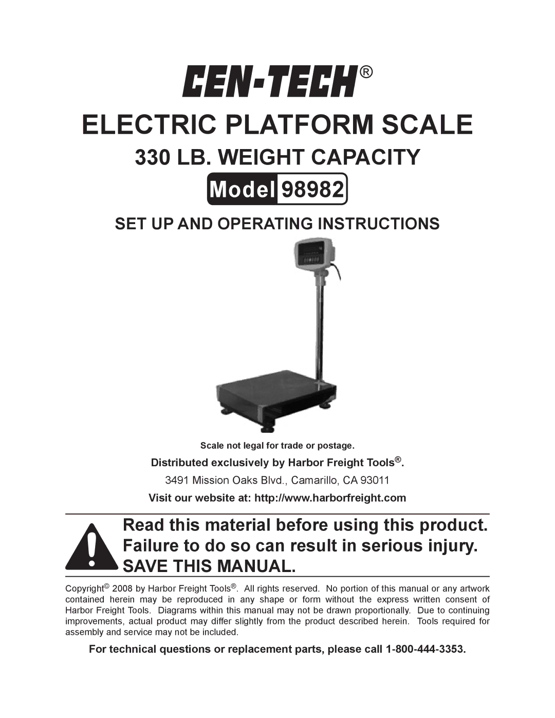 Harbor Freight Tools 98982 operating instructions Distributed exclusively by Harbor Freight Tools 