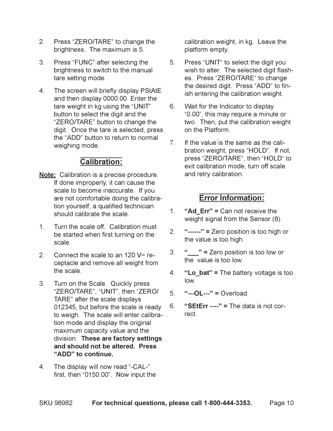 Harbor Freight Tools 98982 operating instructions Calibration, Error Information, OL--- = Overload 