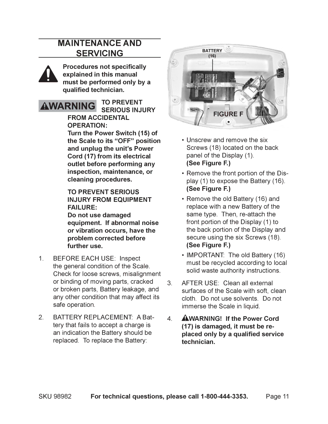 Harbor Freight Tools 98982 Maintenance Servicing, See Figure F, SKU For technical questions, please call 