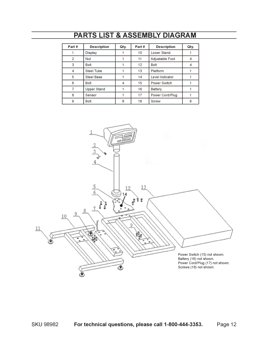 Harbor Freight Tools 98982 operating instructions Parts List & Assembly Diagram 