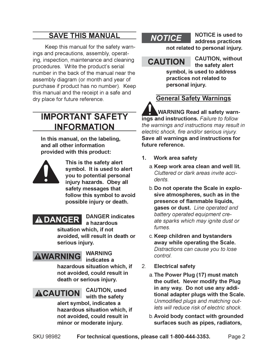 Harbor Freight Tools 98982 Save This Manual, General Safety Warnings, For technical questions, please call 