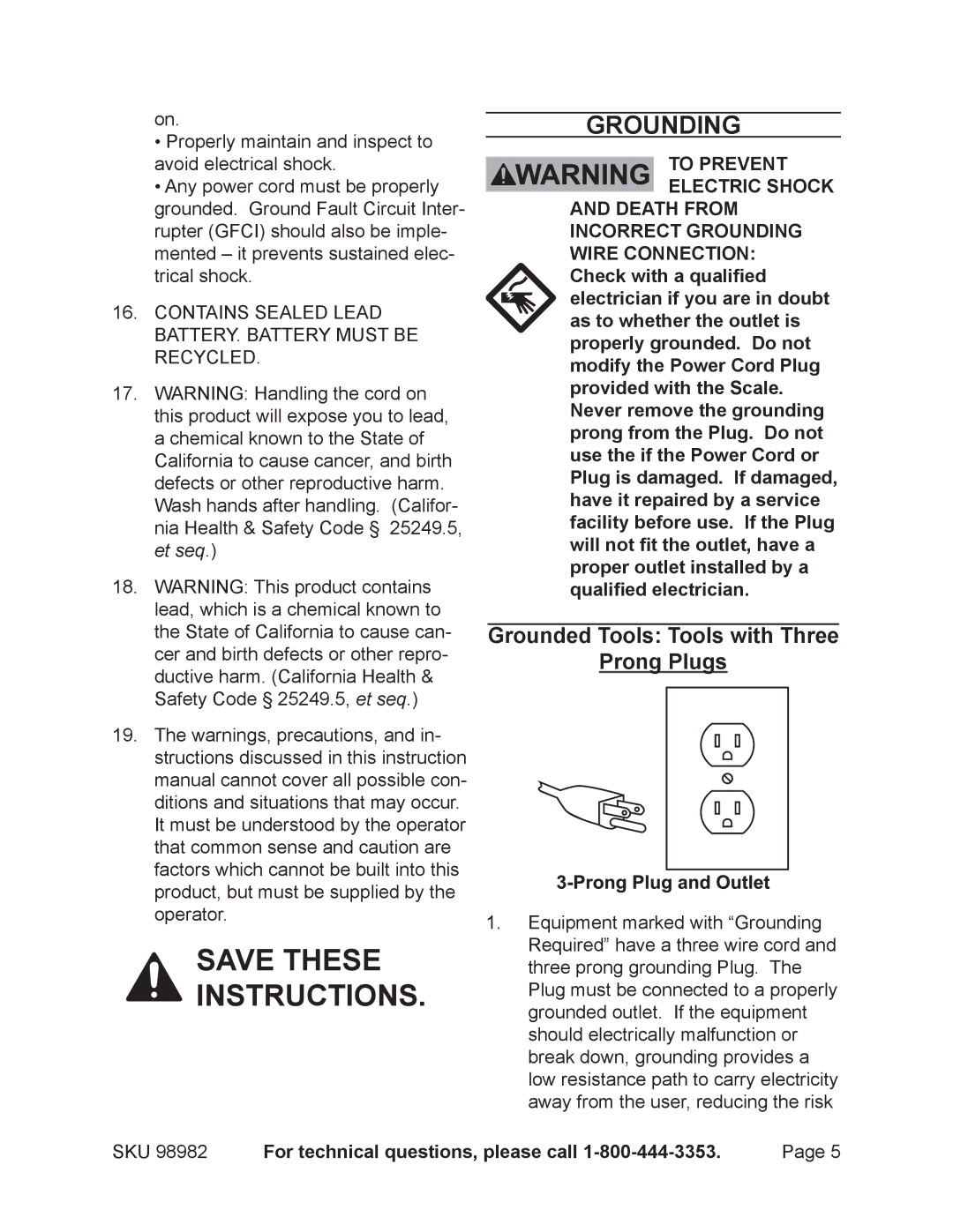 Harbor Freight Tools 98982 operating instructions Grounding, Grounded Tools Tools with Three Prong Plugs 