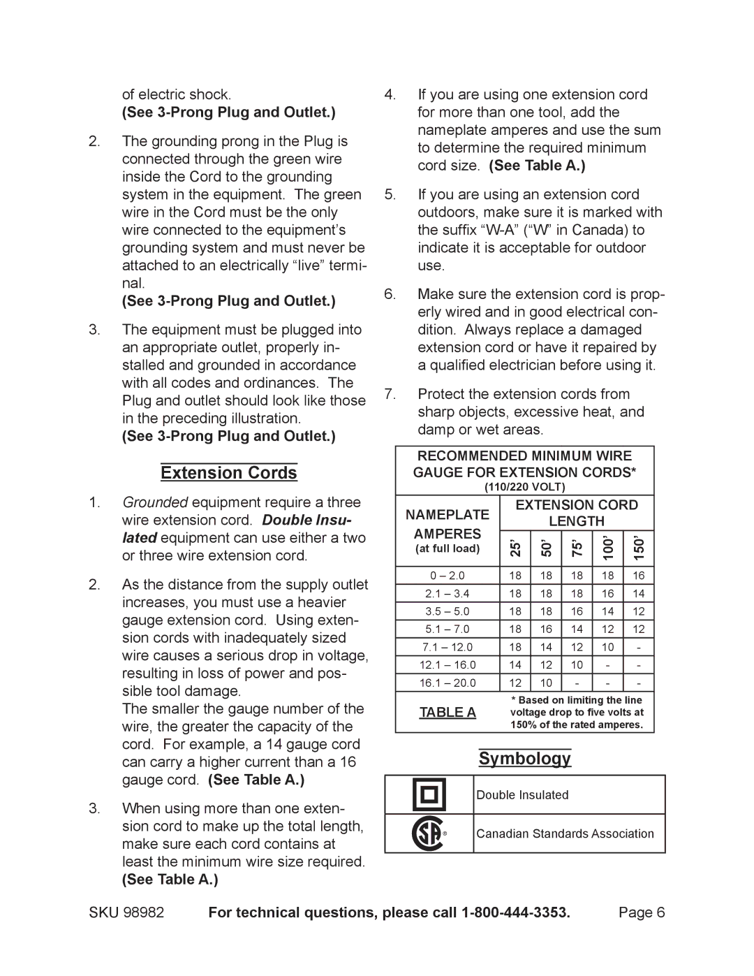 Harbor Freight Tools 98982 operating instructions Extension Cords, Symbology, See 3-Prong Plug and Outlet, See Table a 