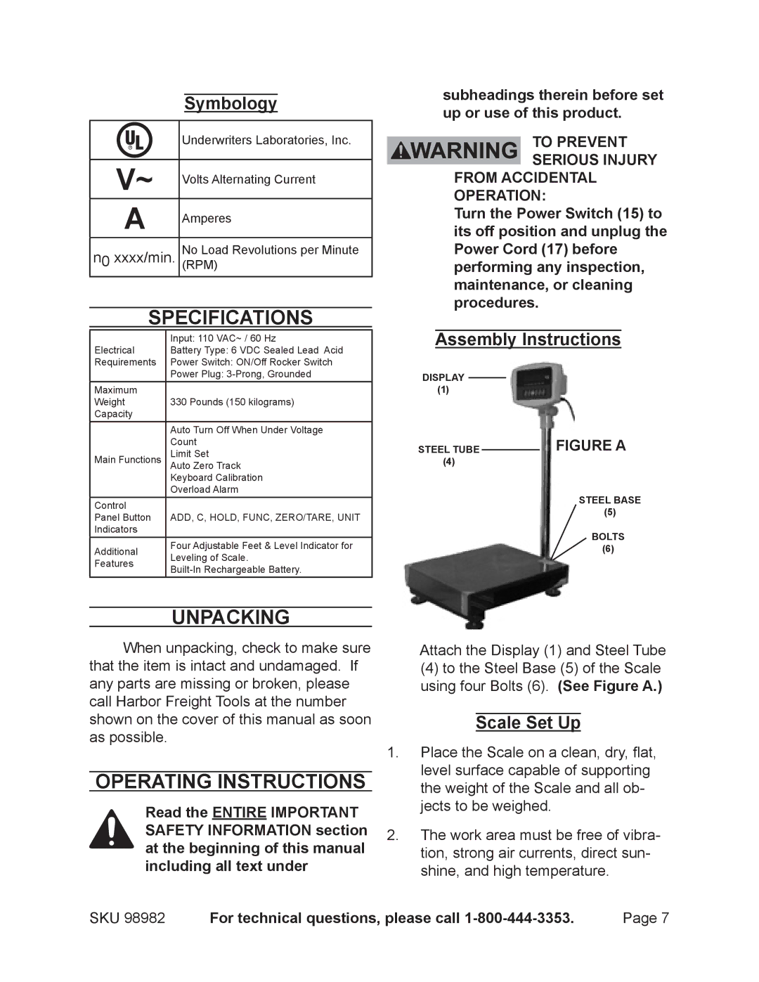 Harbor Freight Tools 98982 Specifications, Unpacking, Operating Instructions, Assembly Instructions, Scale Set Up 