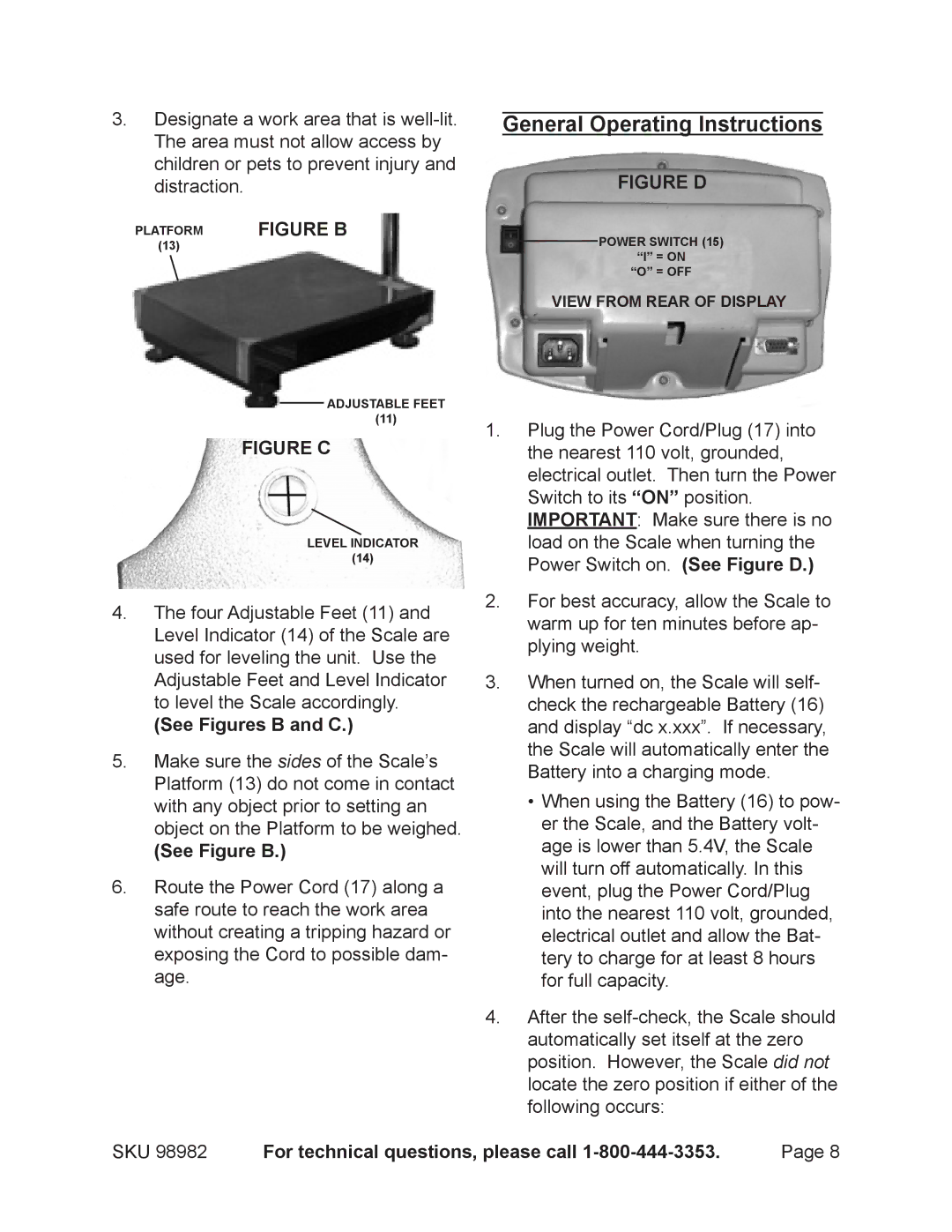 Harbor Freight Tools 98982 operating instructions General Operating Instructions, See Figures B and C, See Figure B 