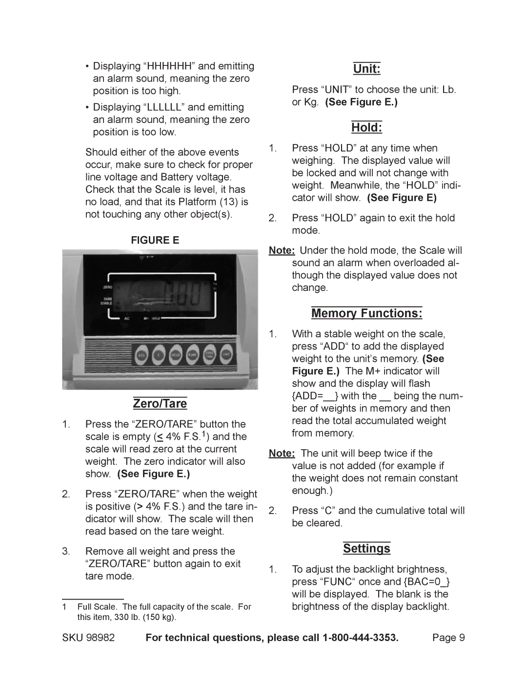 Harbor Freight Tools 98982 operating instructions Zero/Tare, Unit, Hold, Memory Functions, Settings 