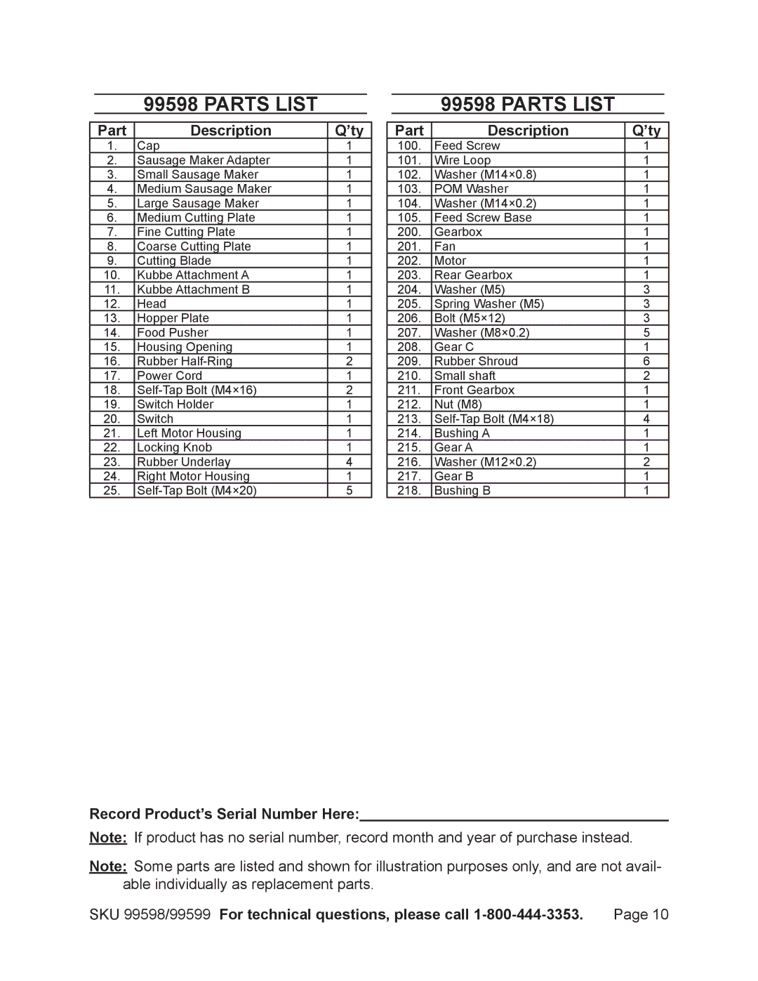 Harbor Freight Tools 99599, 99598 manual Parts List, Part Description ’ty 