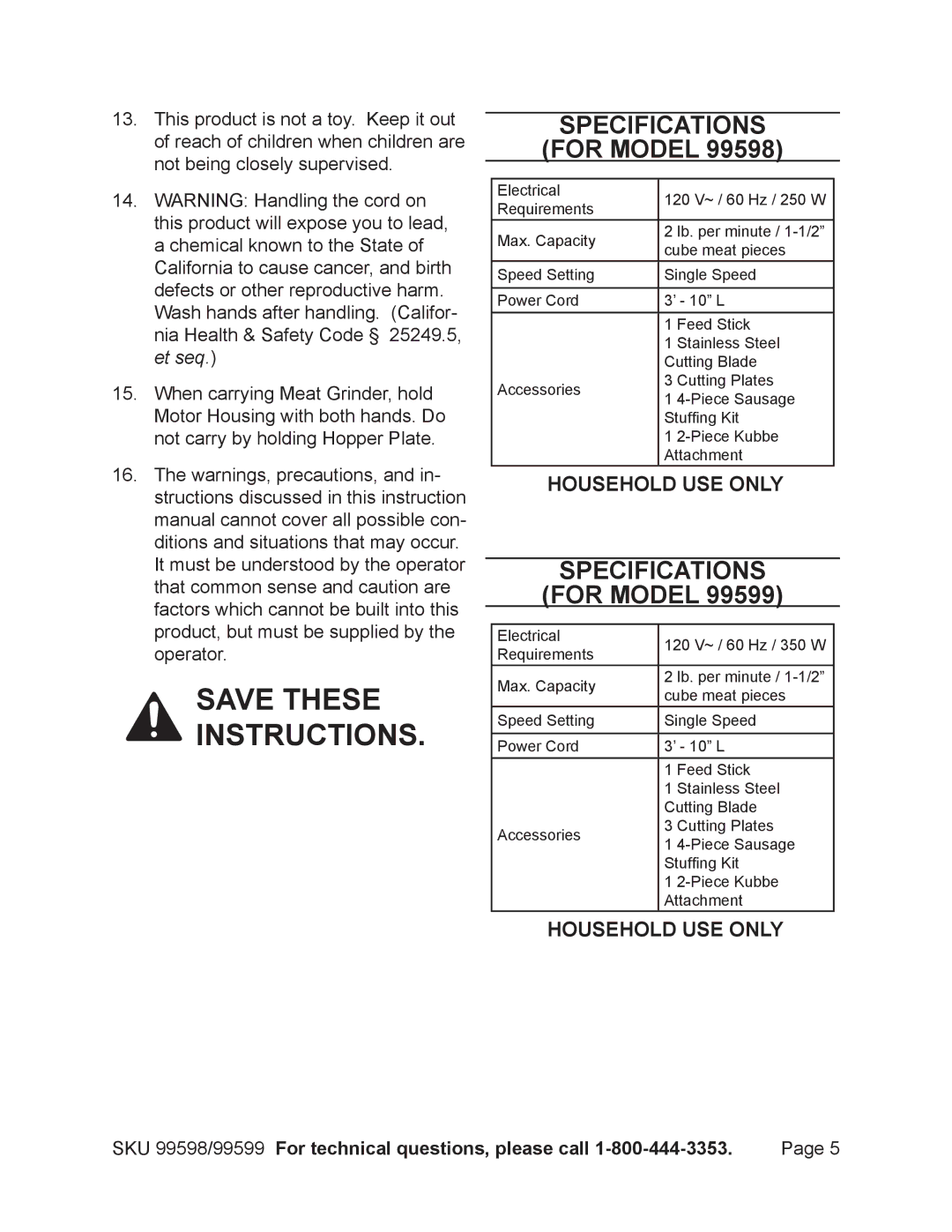 Harbor Freight Tools 99598, 99599 manual Specifications For Model 