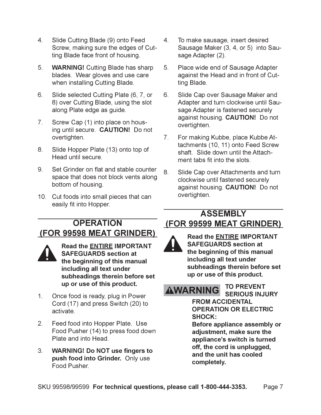 Harbor Freight Tools manual Operation For 99598 Meat Grinder, Assembly For 99599 Meat Grinder 