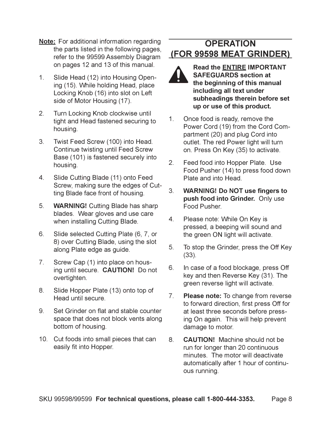 Harbor Freight Tools 99599 manual Operation For 99598 Meat Grinder 