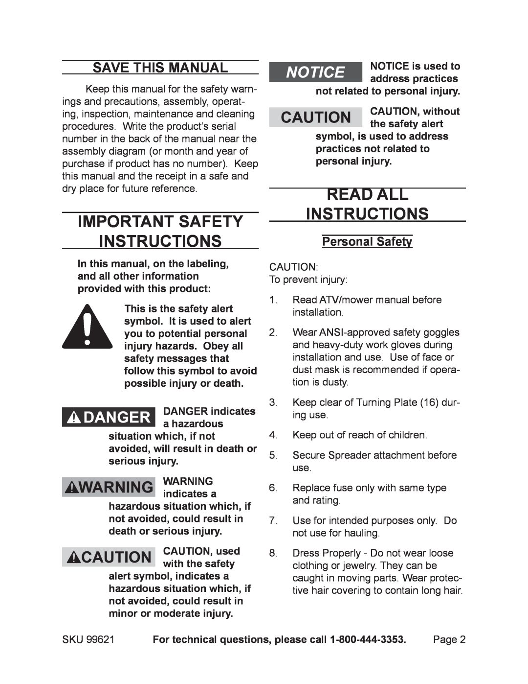Harbor Freight Tools 99621 manual Important Safety Instructions, Read All Instructions, Save This Manual, Personal Safety 
