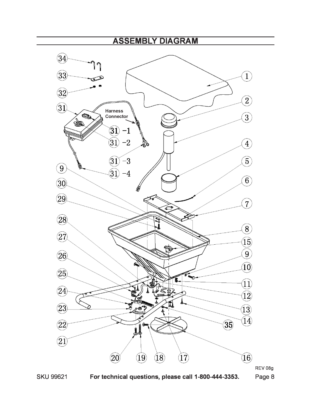 Harbor Freight Tools 99621 manual Assembly Diagram, For technical questions, please call, Harness Connector, REV 08g 
