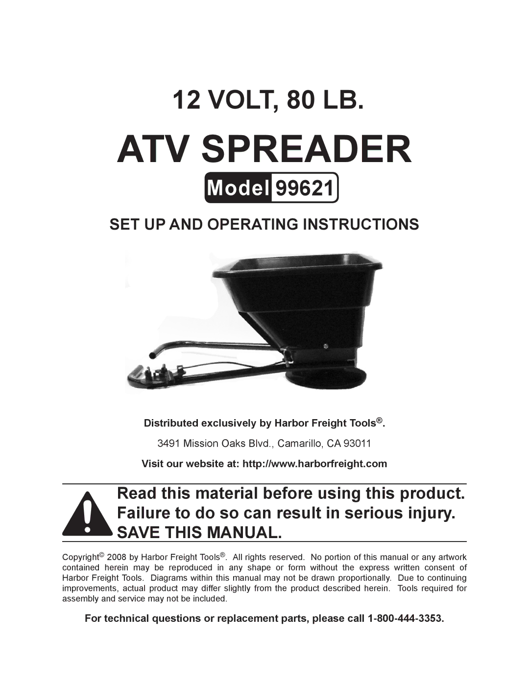 Harbor Freight Tools 99621 manual ATV Spreader 