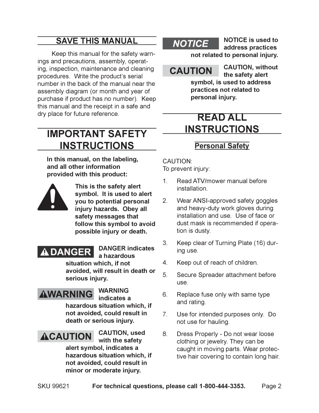 Harbor Freight Tools 99621 manual Save This Manual, Personal Safety 