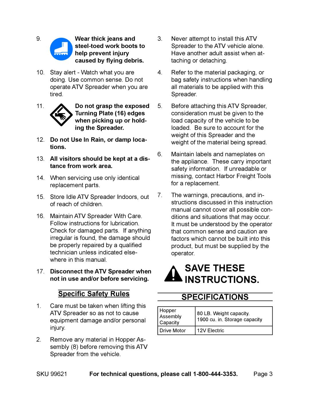 Harbor Freight Tools 99621 manual Specifications, Specific Safety Rules 