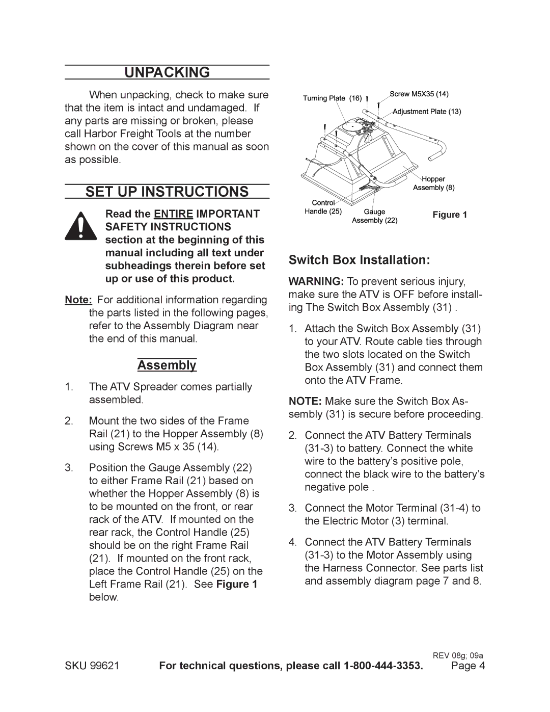 Harbor Freight Tools 99621 manual Unpacking, Set Up Instructions, Assembly, Switch Box Installation 