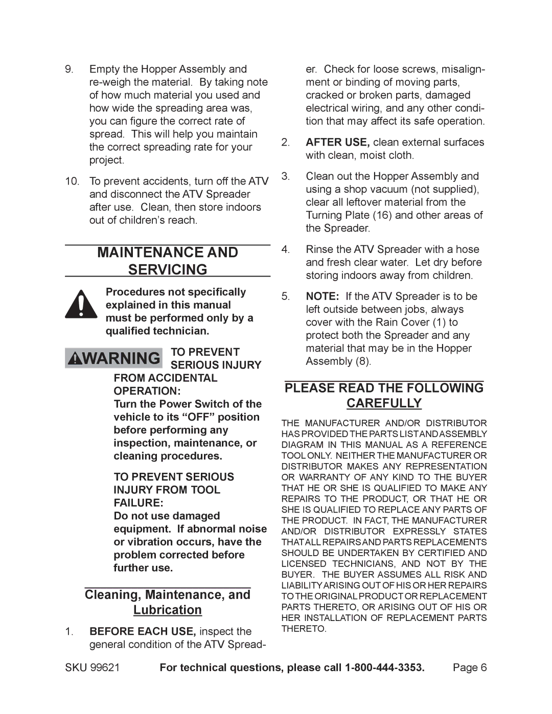 Harbor Freight Tools 99621 manual Maintenance Servicing, Cleaning, Maintenance, Lubrication 