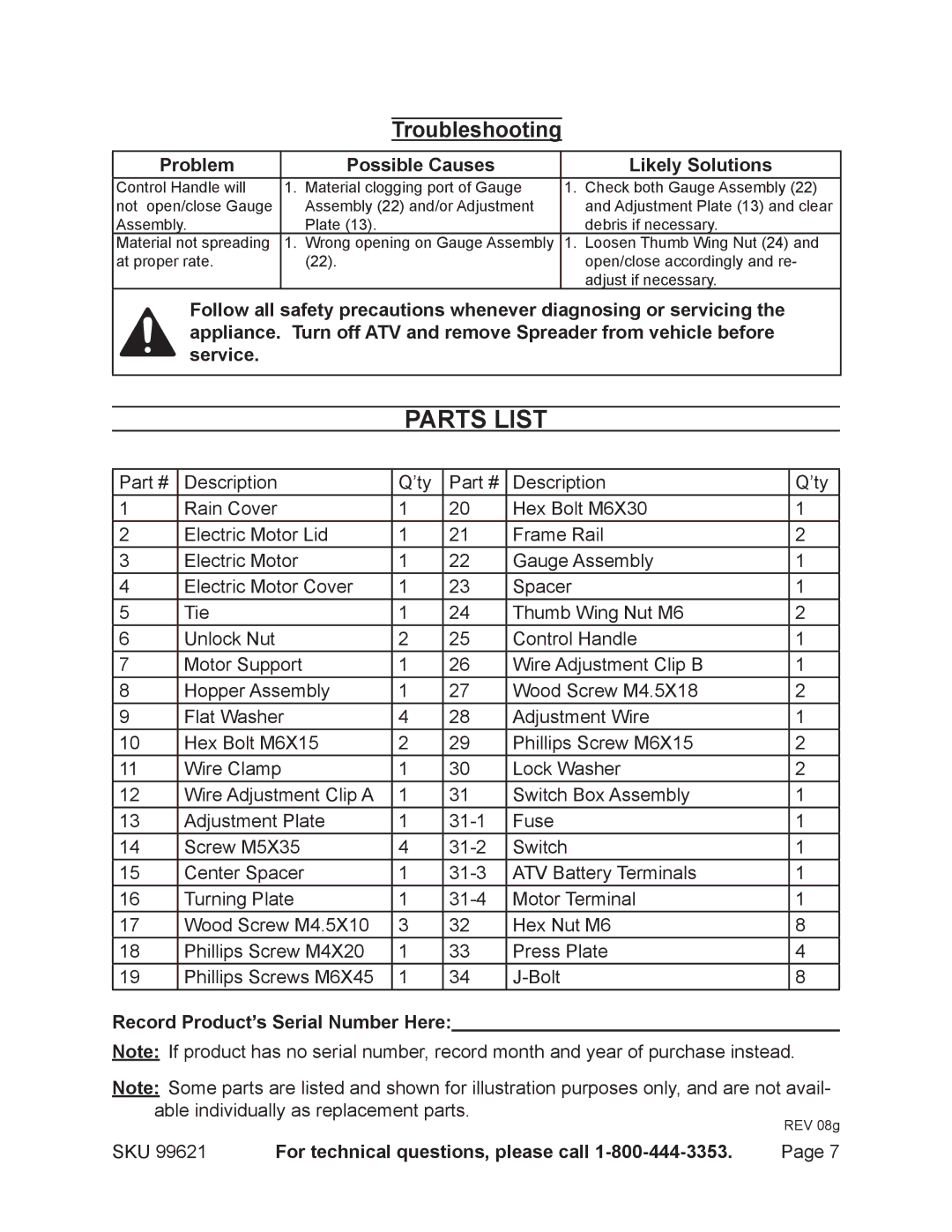 Harbor Freight Tools 99621 manual Troubleshooting, Problem Possible Causes Likely Solutions 