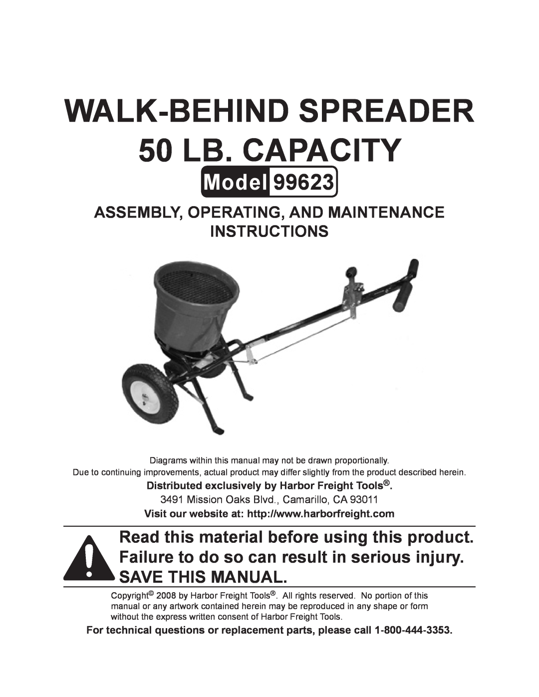 Harbor Freight Tools 99623 manual Distributed exclusively by Harbor Freight Tools, WALK-BEHIND SPREADER 50 LB. CAPACITY 