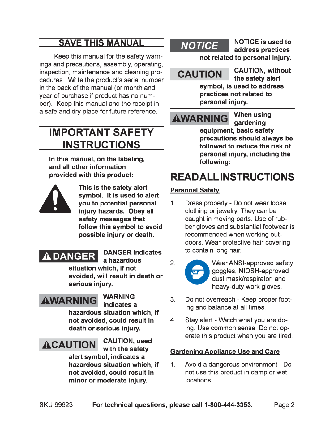 Harbor Freight Tools 99623 manual Important Safety Instructions, ReadAllInstructions, Save This Manual, WARNING indicates a 