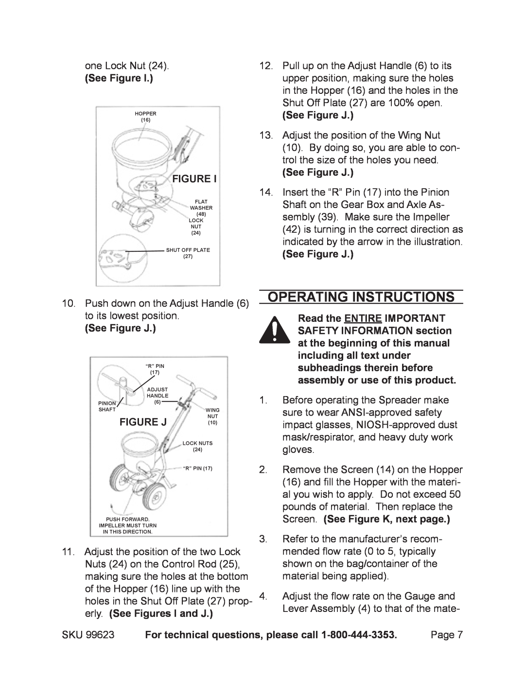 Harbor Freight Tools 99623 manual Operating Instructions, See Figure J, For technical questions, please call 