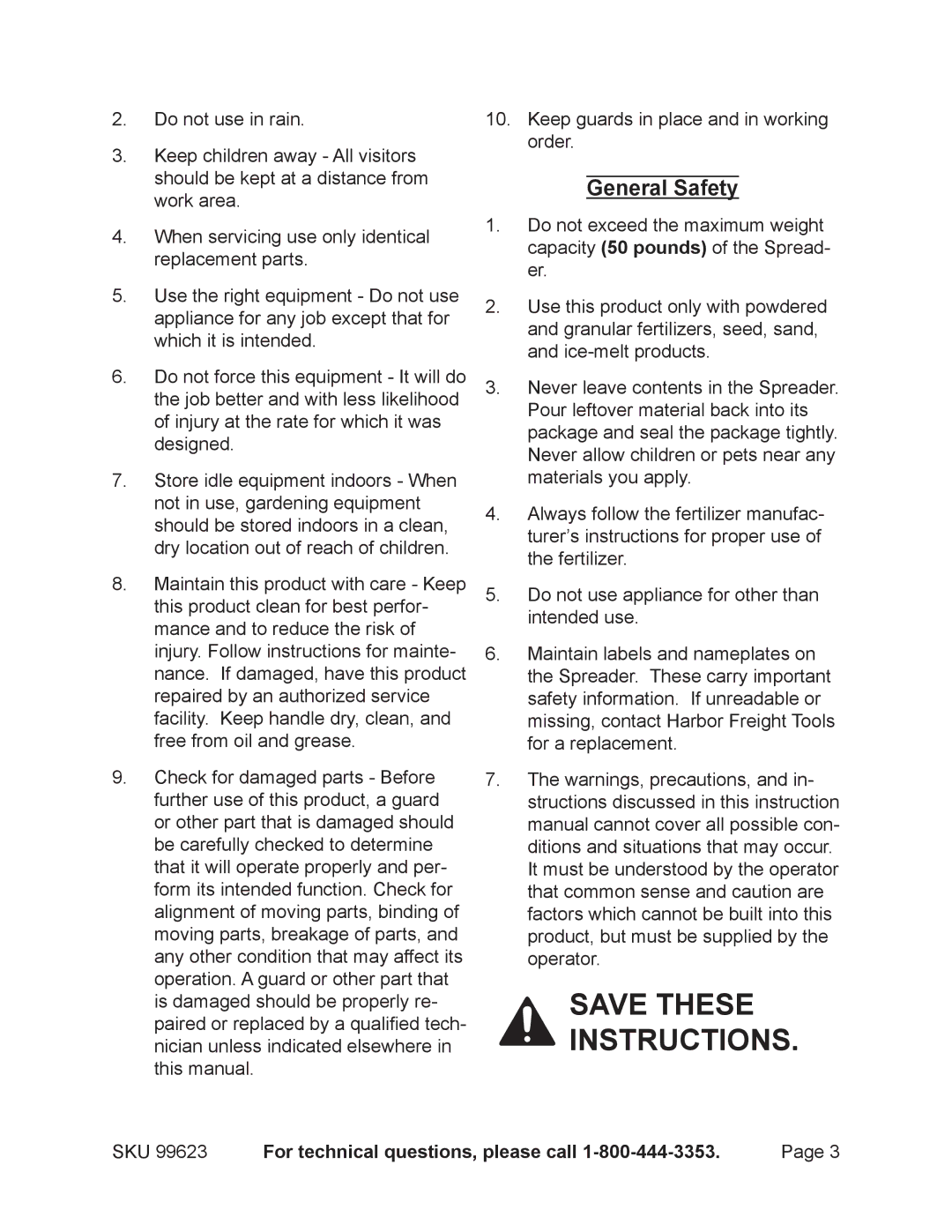 Harbor Freight Tools 99623 manual General Safety 