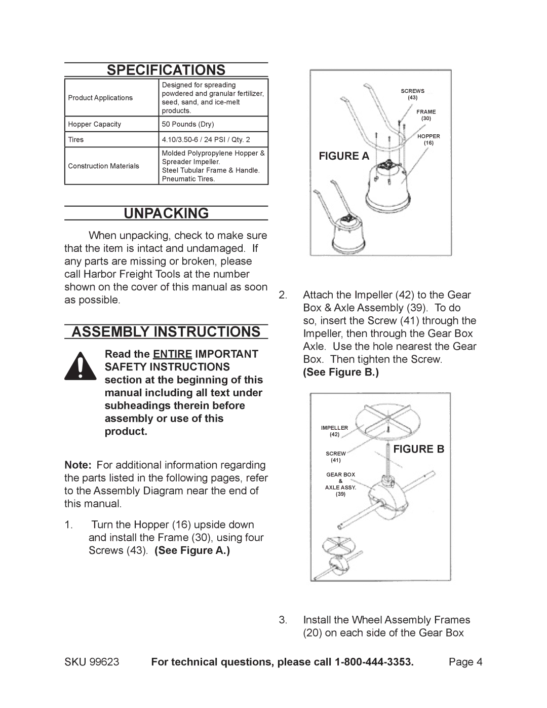 Harbor Freight Tools 99623 manual Specifications, Unpacking, Assembly Instructions, Read the entire Important 