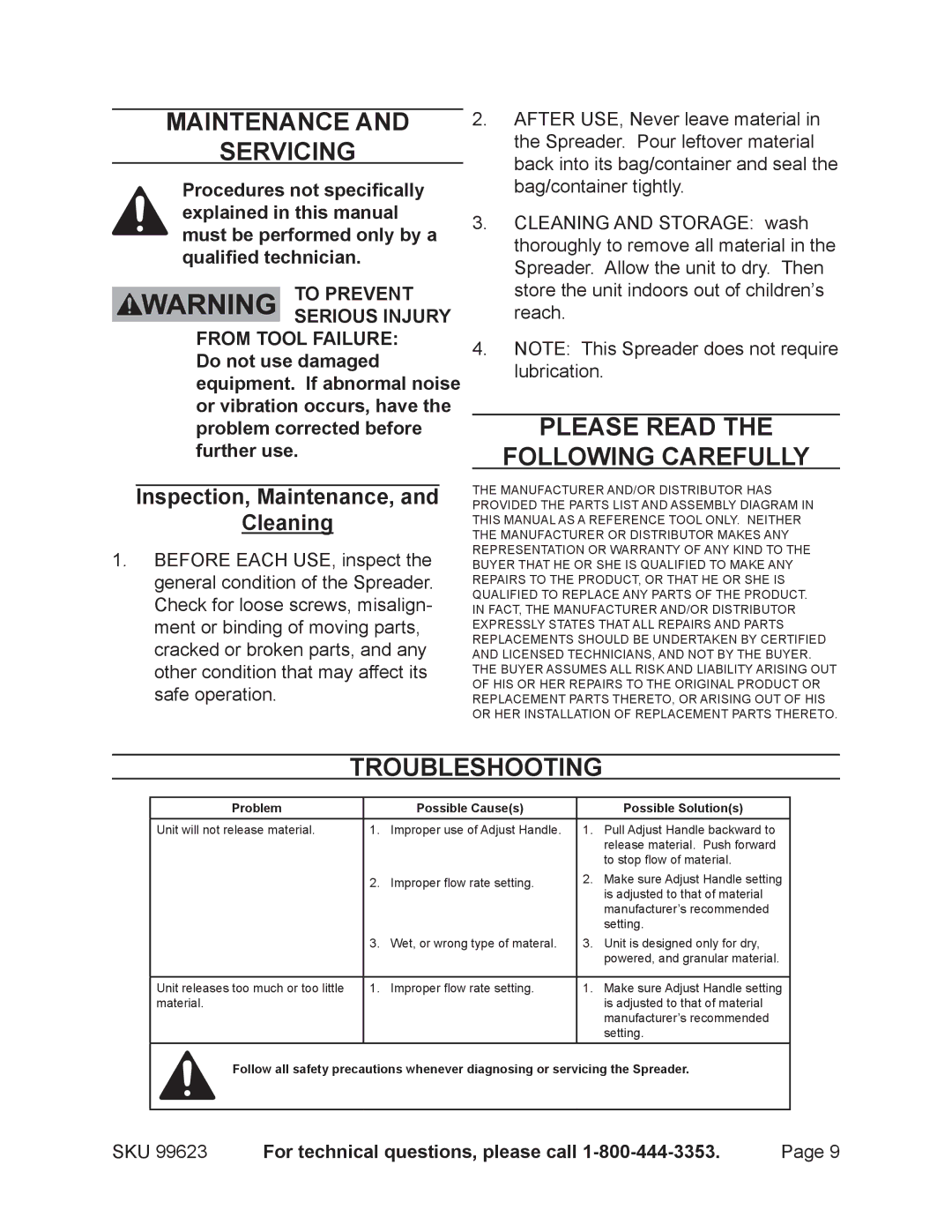 Harbor Freight Tools 99623 manual Maintenance Servicing, Inspection, Maintenance, Cleaning 