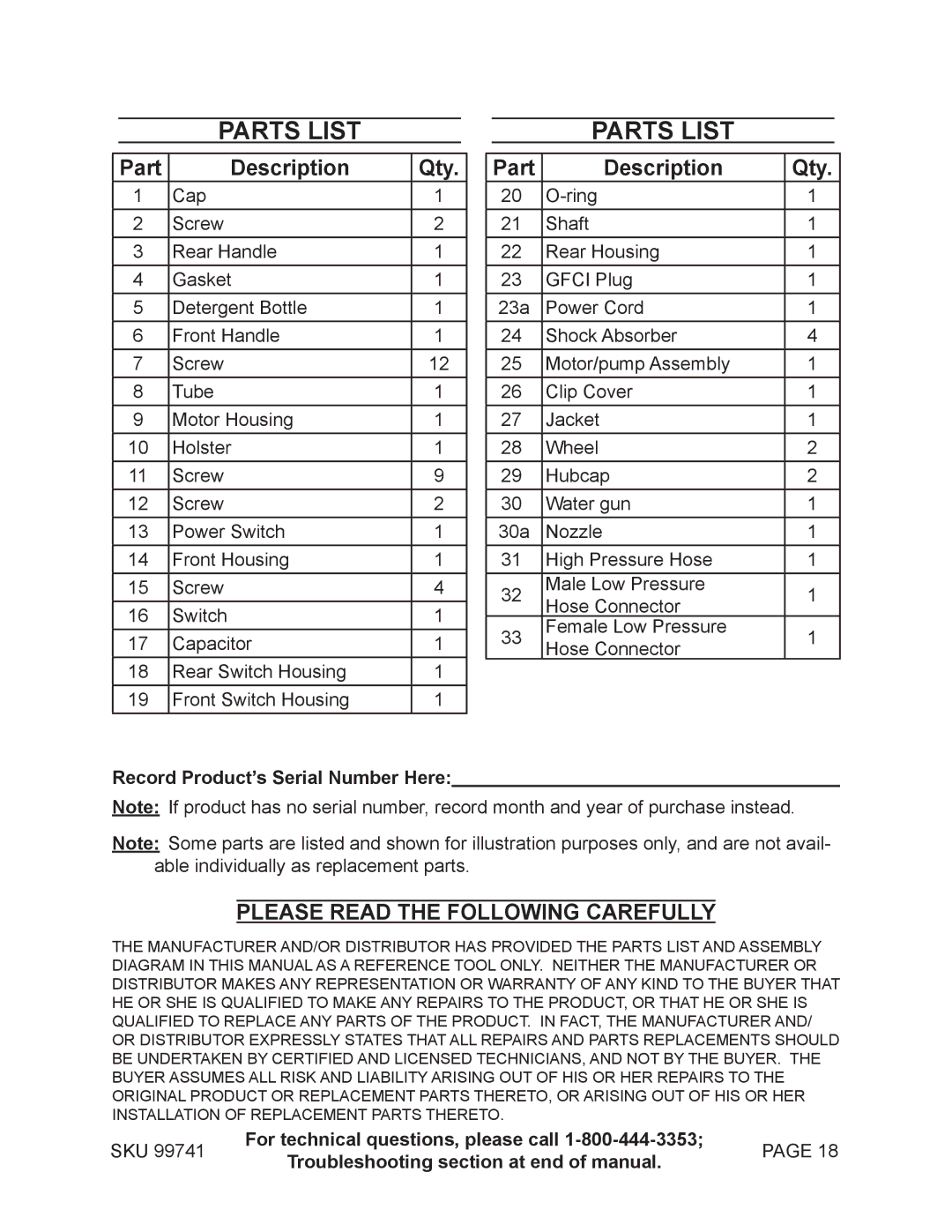 Harbor Freight Tools 99741 manual Parts List, Part Description Qty, Record Product’s Serial Number Here 