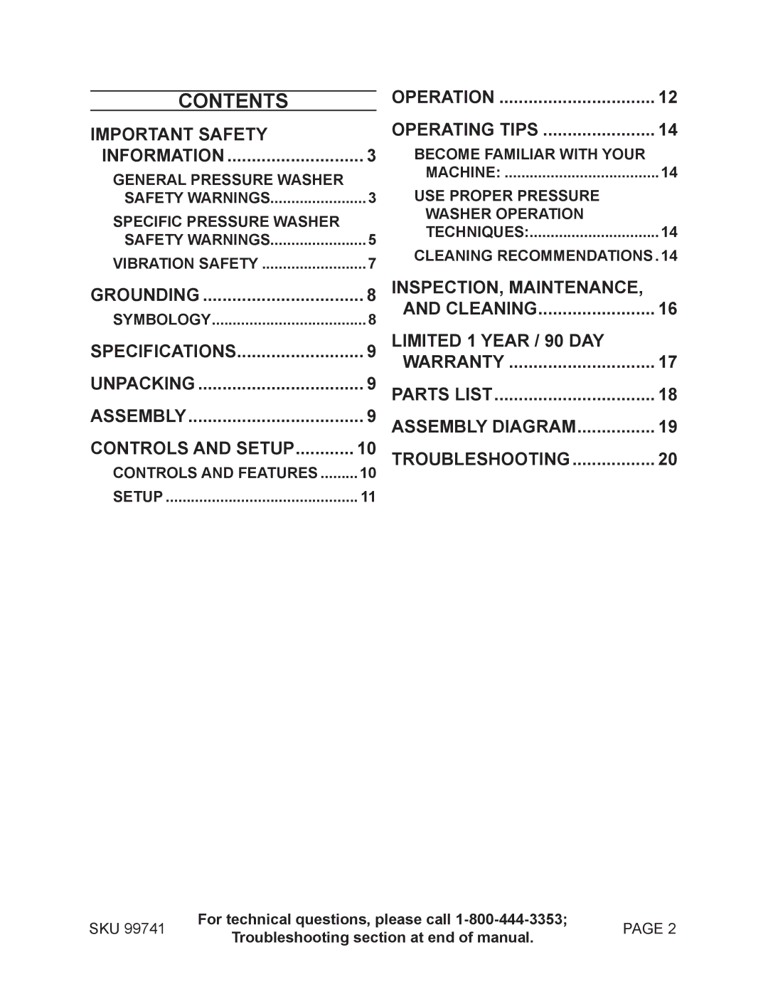 Harbor Freight Tools 99741 manual Contents 