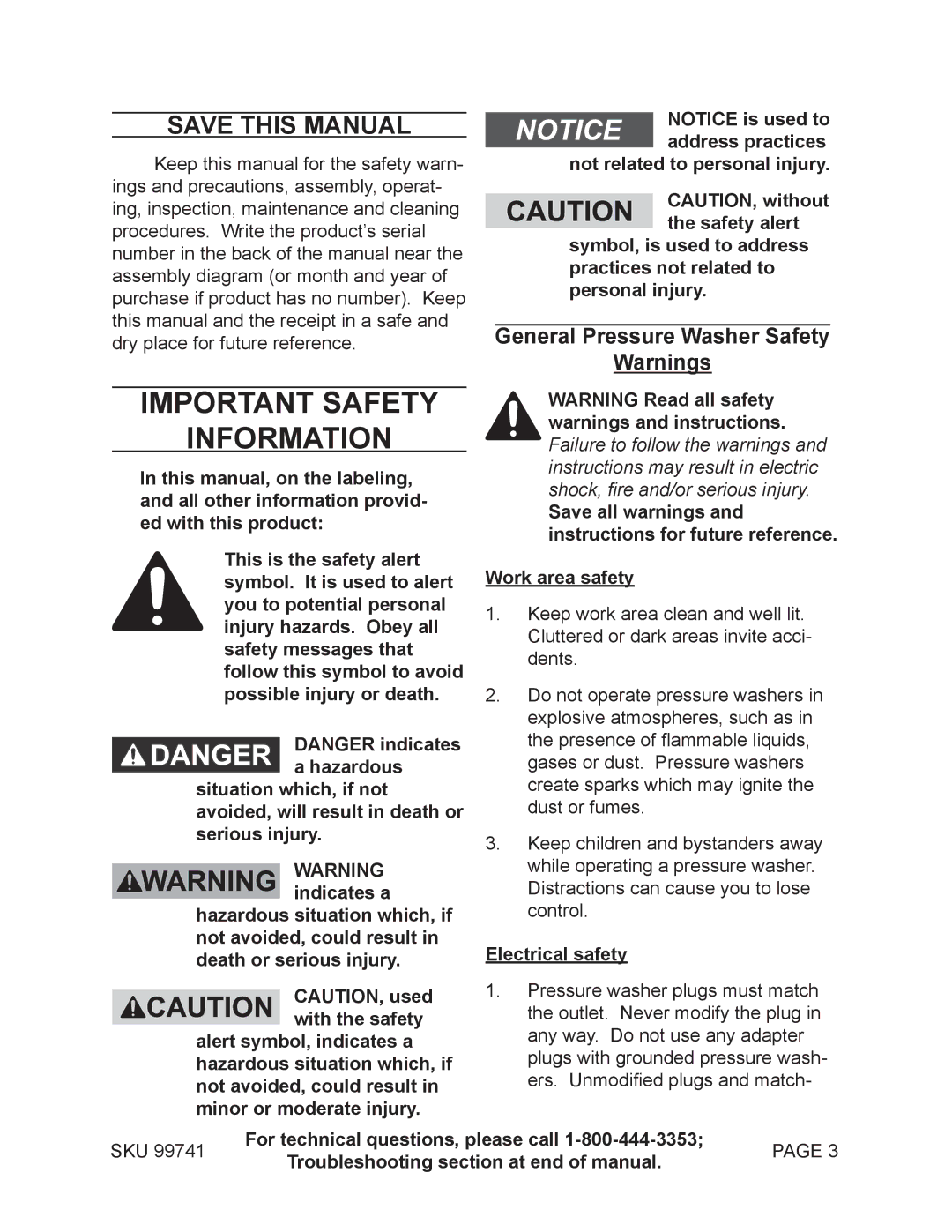 Harbor Freight Tools 99741 manual Save This Manual, General Pressure Washer Safety, Electrical safety 