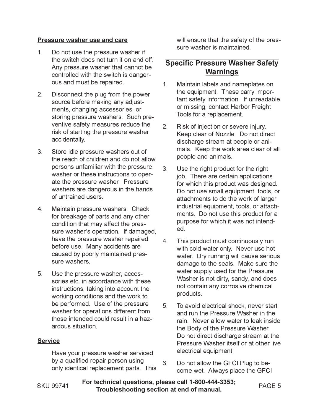 Harbor Freight Tools 99741 manual Specific Pressure Washer Safety, Pressure washer use and care, Service 