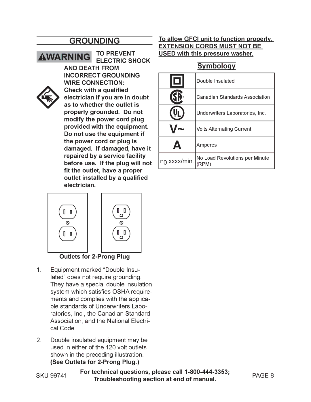 Harbor Freight Tools 99741 manual Grounding, Symbology 