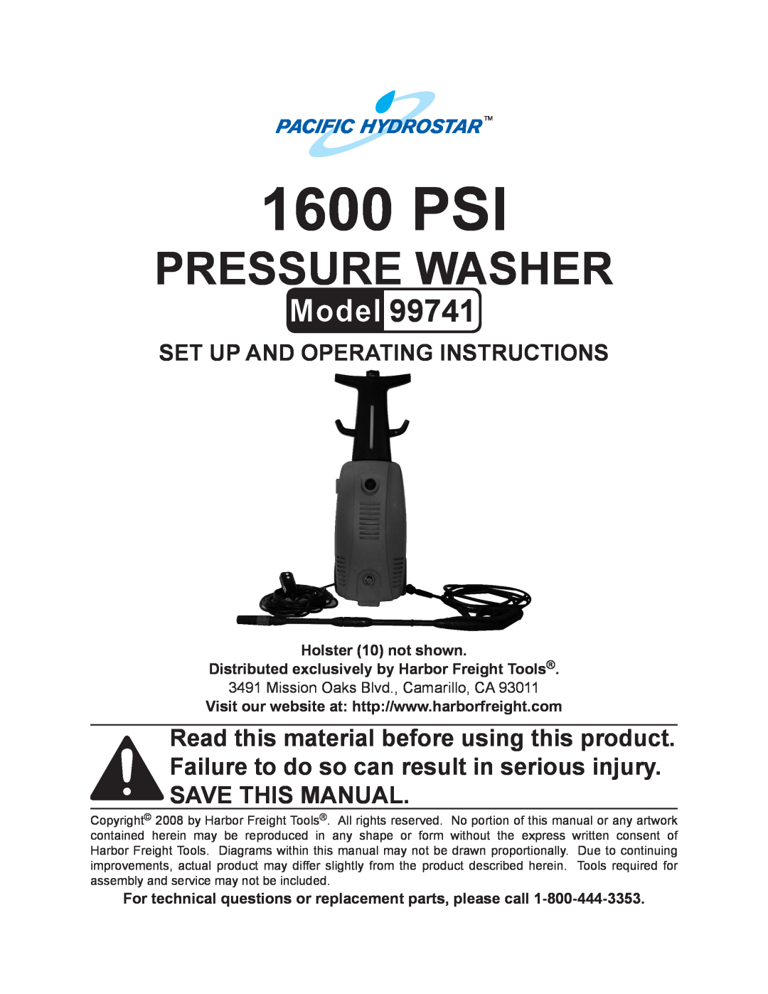 Harbor Freight Tools 99741 manual 1600 PSI, Pressure Washer, Set up and Operating Instructions 