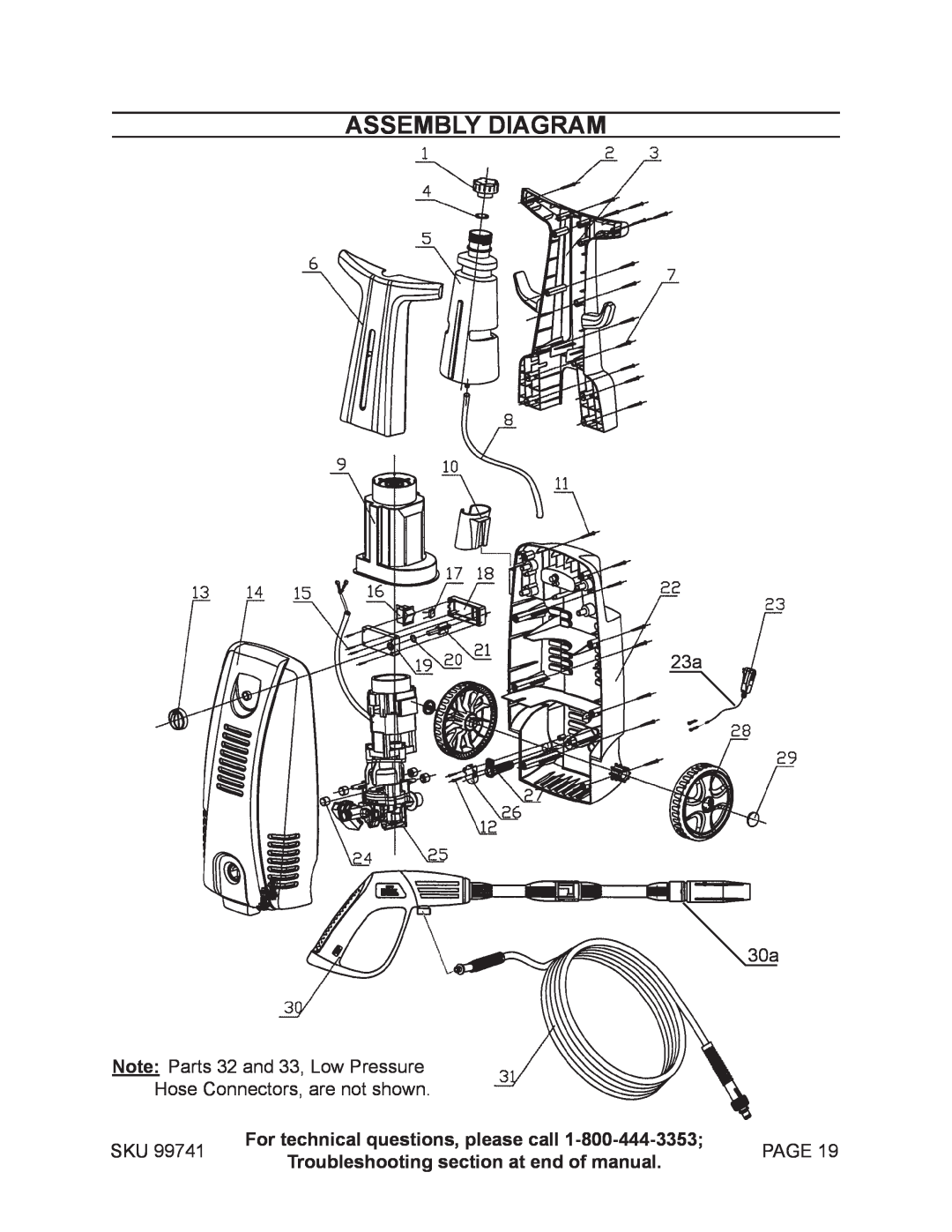 Harbor Freight Tools 99741 manual Assembly Diagram, 23a Note Parts 32 and 33, Low Pressure, Hose Connectors, are not shown 
