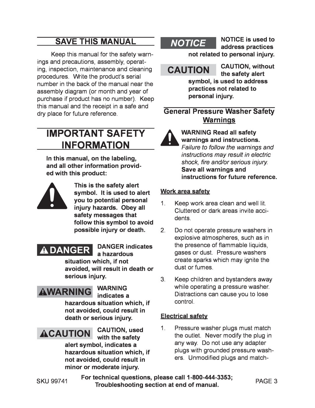 Harbor Freight Tools 99741 manual Important SAFETY Information, Save This Manual, General Pressure Washer Safety Warnings 