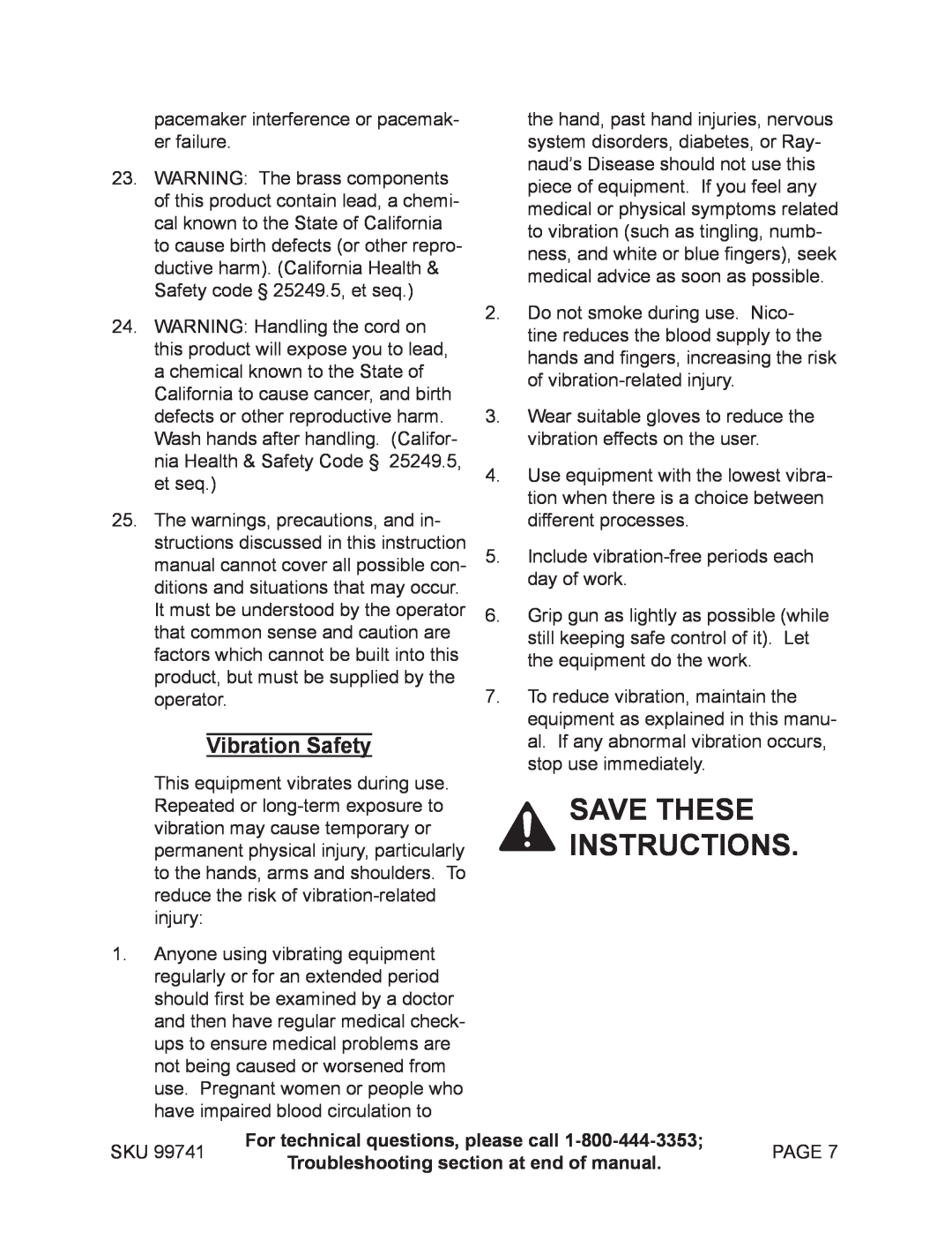 Harbor Freight Tools 99741 manual Save these instructions, Vibration Safety 