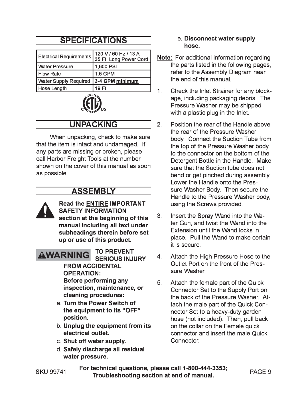 Harbor Freight Tools 99741 manual Specifications, Unpacking, Assembly 
