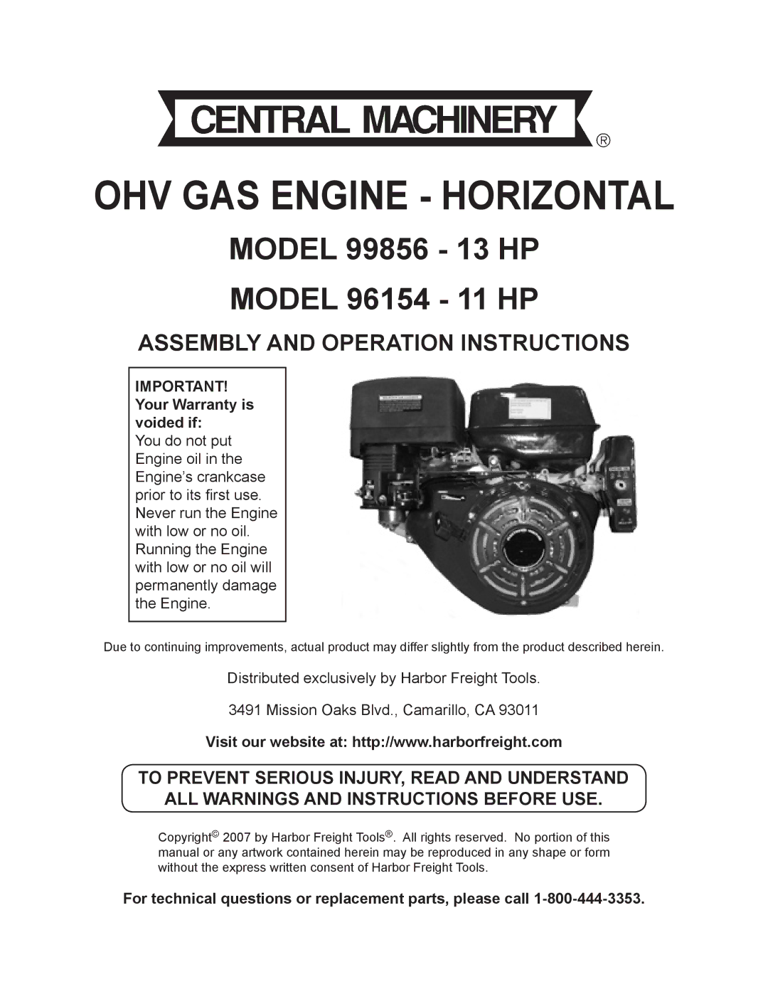 Harbor Freight Tools 96154 - 11HP, 99856 - 13 HP warranty OHV GAS Engine Horizontal 