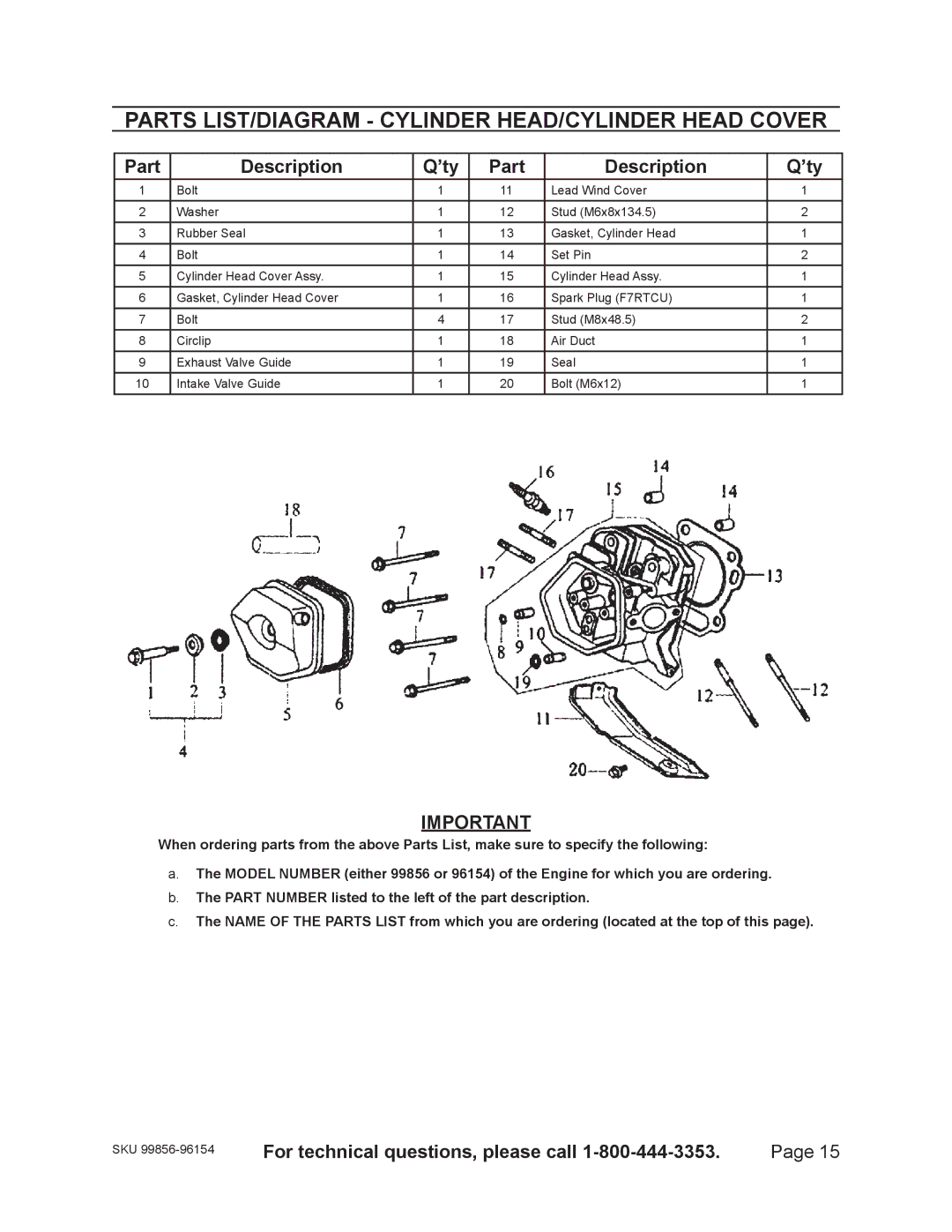 Harbor Freight Tools 96154 - 11HP, 99856 - 13 HP warranty Parts LIST/DIAGRAM Cylinder HEAD/CYLINDER Head Cover 