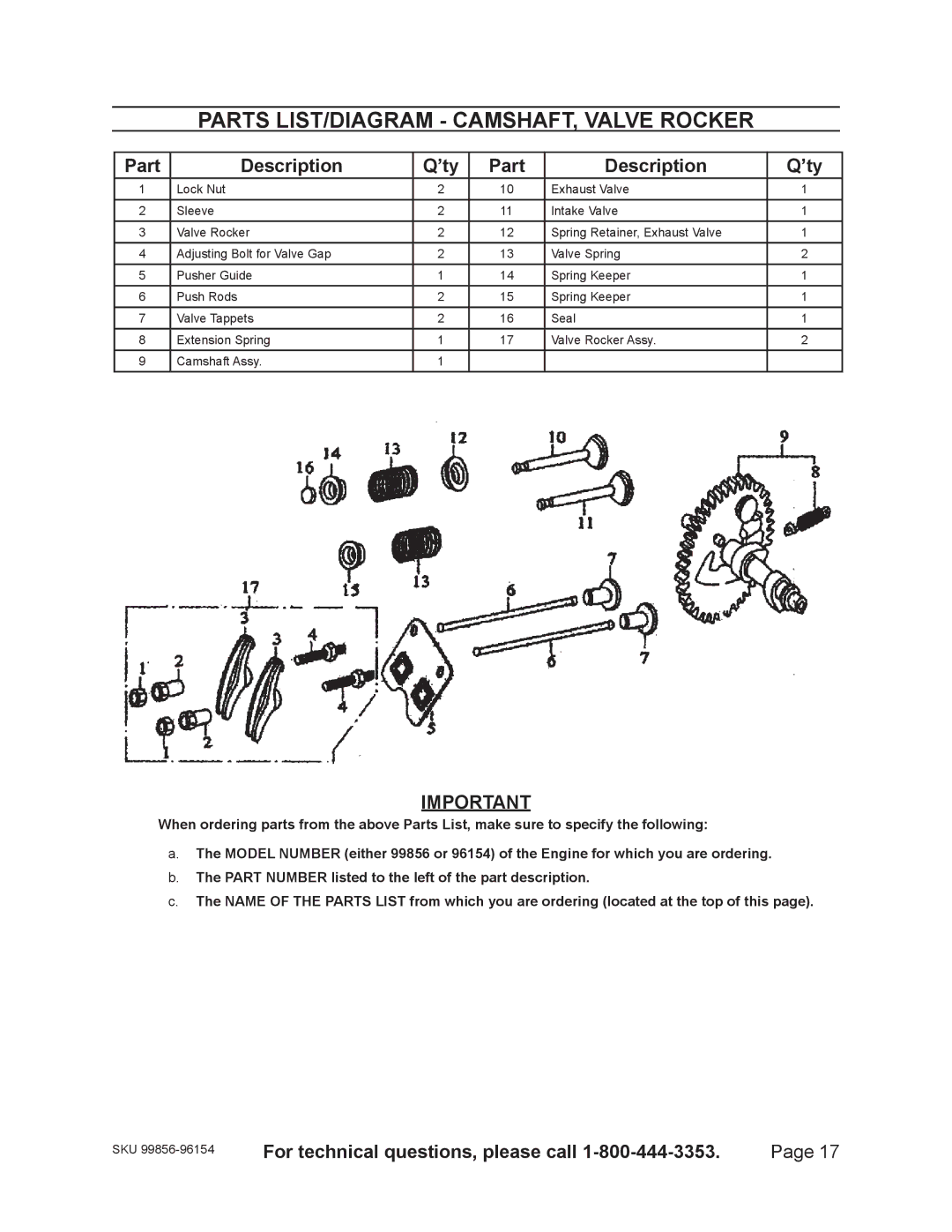 Harbor Freight Tools 96154 - 11HP, 99856 - 13 HP warranty Parts LIST/DIAGRAM CAMSHAFT, Valve Rocker 